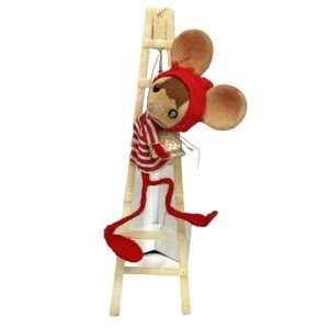 Rare Vtg MCM Flocked Christmas Elf Pixie Mouse In Ladder 8"